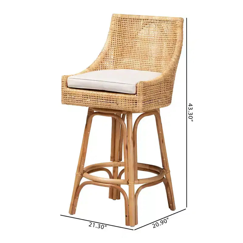 Bella Rattan Bar Stool Natural Brown/White - Baxton Studio: Bohemian Design, Foam Cushion, No Assembly Required