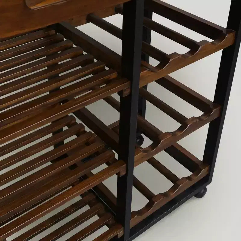 28" Solid Wood Rolling Kitchen Cart with Wine Rack and Drawer Dark Brown - Flora Home: Mobile Island Trolley, 6 Shelves, Locking Wheels