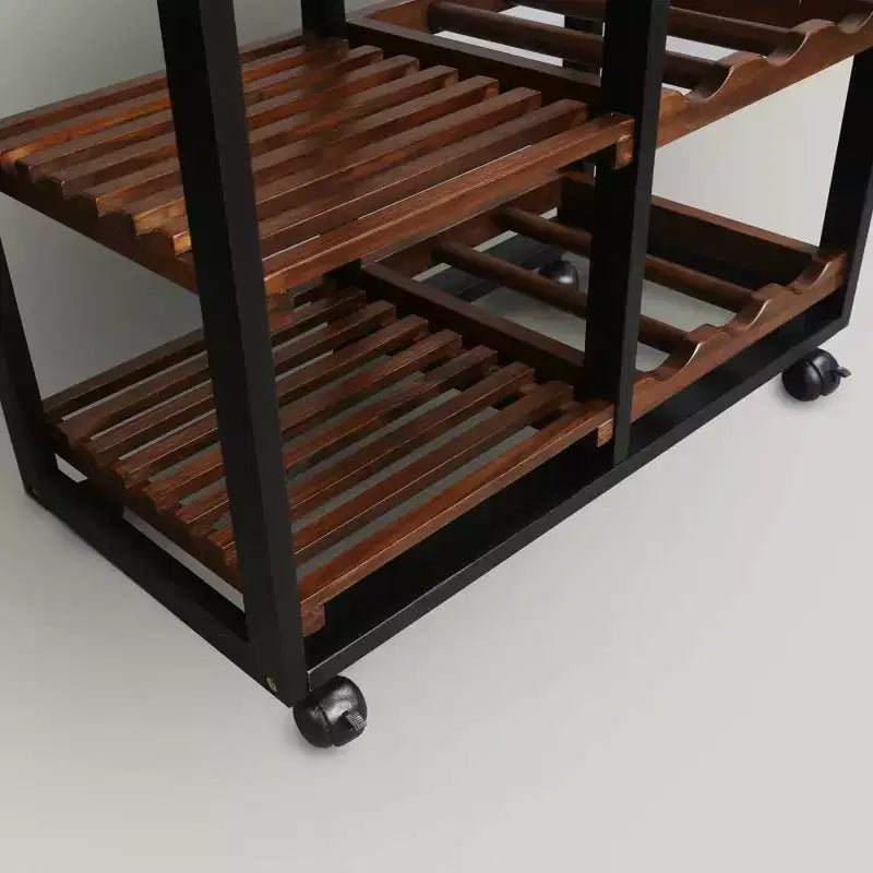 28" Solid Wood Rolling Kitchen Cart with Wine Rack and Drawer Dark Brown - Flora Home: Mobile Island Trolley, 6 Shelves, Locking Wheels
