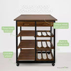 28" Solid Wood Rolling Kitchen Cart with Wine Rack and Drawer Dark Brown - Flora Home: Mobile Island Trolley, 6 Shelves, Locking Wheels