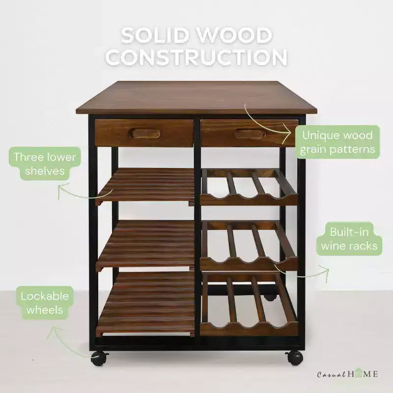 28" Solid Wood Rolling Kitchen Cart with Wine Rack and Drawer Dark Brown - Flora Home: Mobile Island Trolley, 6 Shelves, Locking Wheels