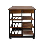 28" Solid Wood Rolling Kitchen Cart with Wine Rack and Drawer Dark Brown - Flora Home: Mobile Island Trolley, 6 Shelves, Locking Wheels