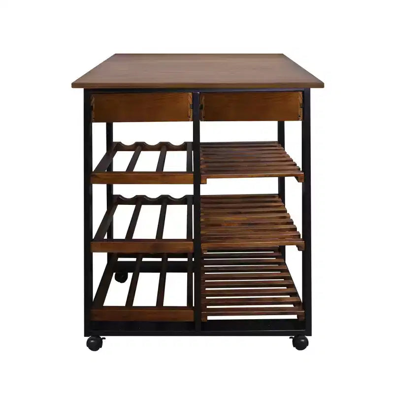 28" Solid Wood Rolling Kitchen Cart with Wine Rack and Drawer Dark Brown - Flora Home: Mobile Island Trolley, 6 Shelves, Locking Wheels