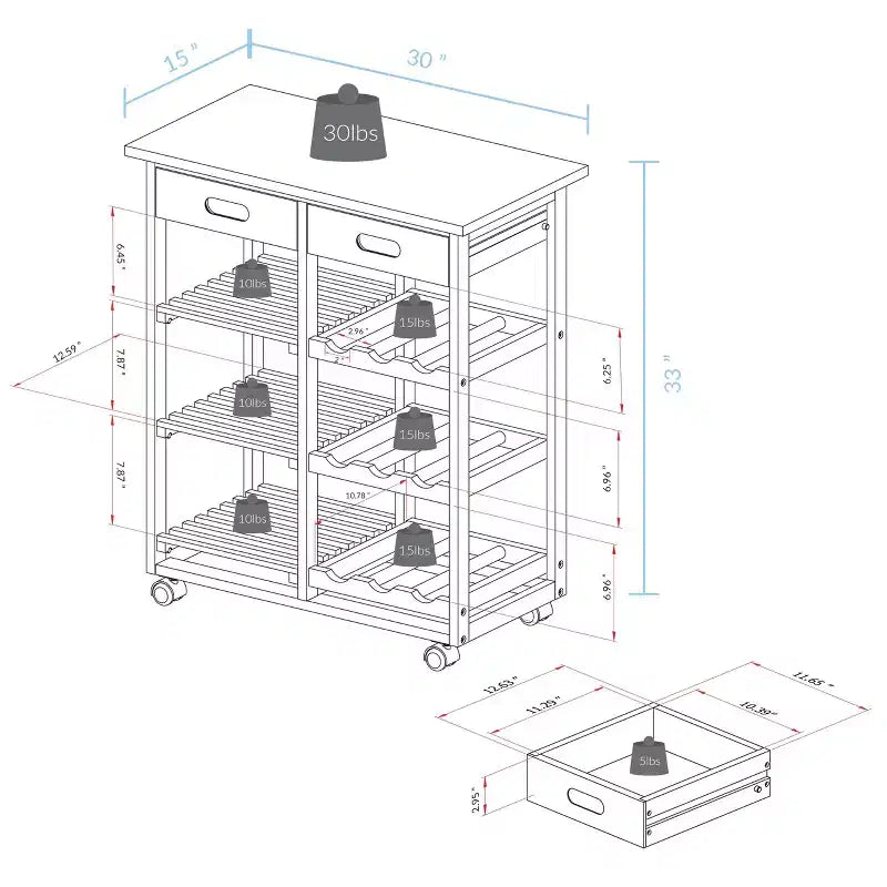28" Solid Wood Rolling Kitchen Cart with Wine Rack and Drawer Dark Brown - Flora Home: Mobile Island Trolley, 6 Shelves, Locking Wheels