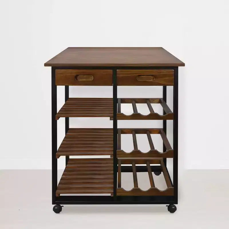 28" Solid Wood Rolling Kitchen Cart with Wine Rack and Drawer Dark Brown - Flora Home: Mobile Island Trolley, 6 Shelves, Locking Wheels