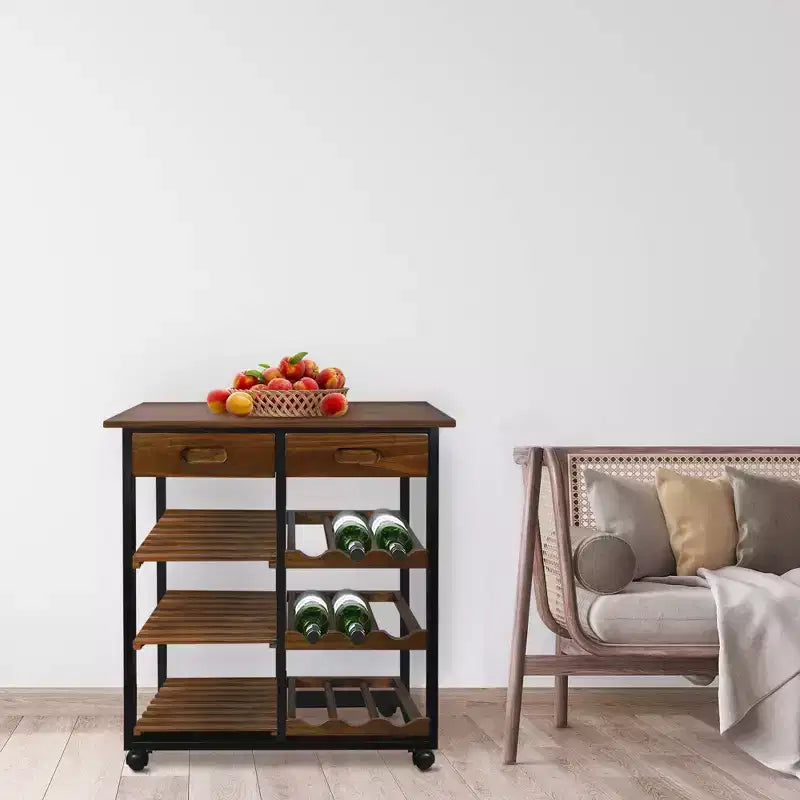 28" Solid Wood Rolling Kitchen Cart with Wine Rack and Drawer Dark Brown - Flora Home: Mobile Island Trolley, 6 Shelves, Locking Wheels