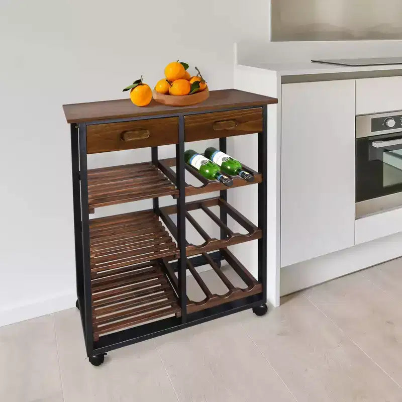 28" Solid Wood Rolling Kitchen Cart with Wine Rack and Drawer Dark Brown - Flora Home: Mobile Island Trolley, 6 Shelves, Locking Wheels