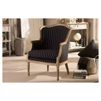 Fauteuil d'appoint Charlemagne à rayures bleues traditionnelles françaises - Baxton Studio : revêtement en coton, cadre en bois de cèdre, aucun assemblage requis