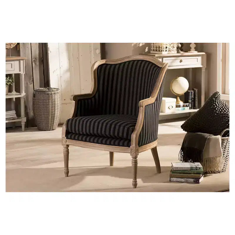 Fauteuil d'appoint Charlemagne à rayures bleues traditionnelles françaises - Baxton Studio : revêtement en coton, cadre en bois de cèdre, aucun assemblage requis