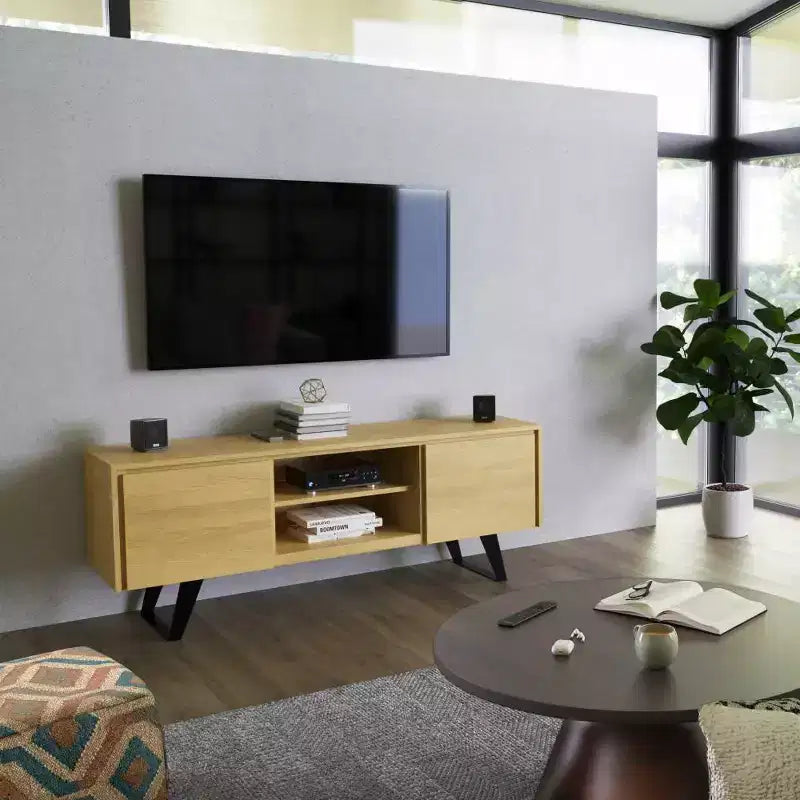 Mitchell TV Stand for TVs up to 70" Oak - WyndenHall: Solid Wood, Metal Legs, Media Credenza