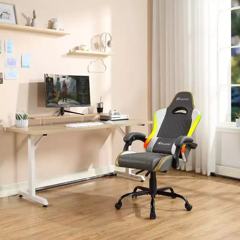 X Rocker RGB LED Extra Comfort Ergonomic PC Gaming Chair Gray/White/Gold