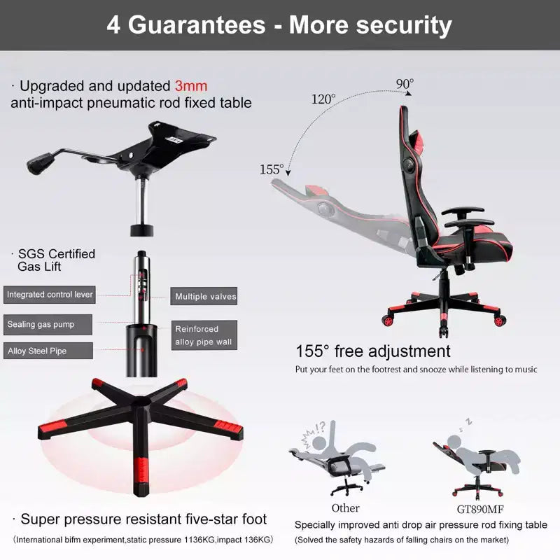GTRACING Gaming Chair with Bluetooth Speakers High Back PU Office Chair Red