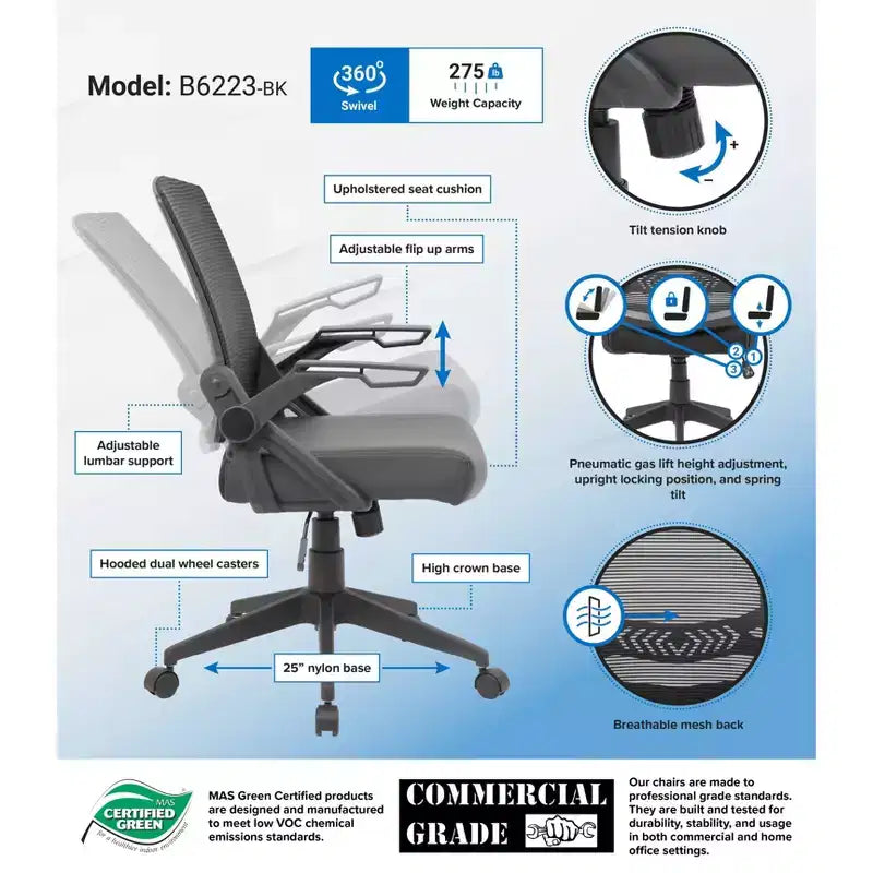 Chaise de bureau pivotante en maille noire - Boss Office Products : pneumatique, pivotante, rembourrée, capacité de 125 kg