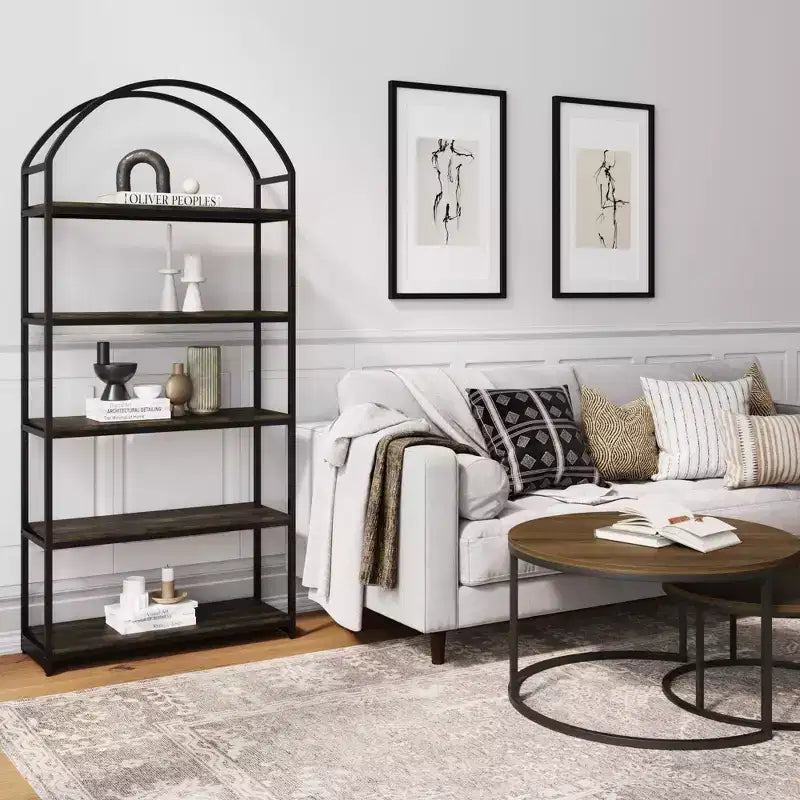 Nathan James 72" Haven 5 Shelves Arch Bookshelf Black Espresso