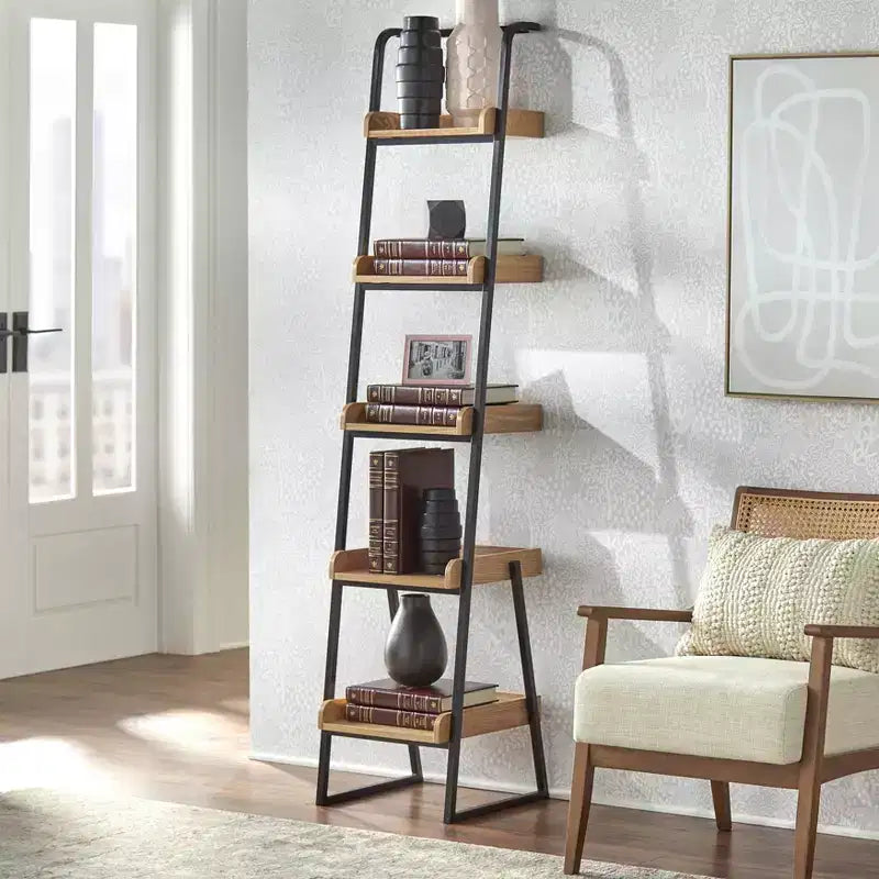 Lifestorey 73" Estanier 5 Tier Ladder Shelf Natural/Black