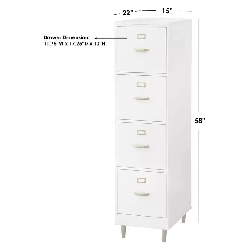Buylateral Dixie 4 Drawer Filing Cabinet White: Gold-Tone Hardware, MDF, Space-Saving Design