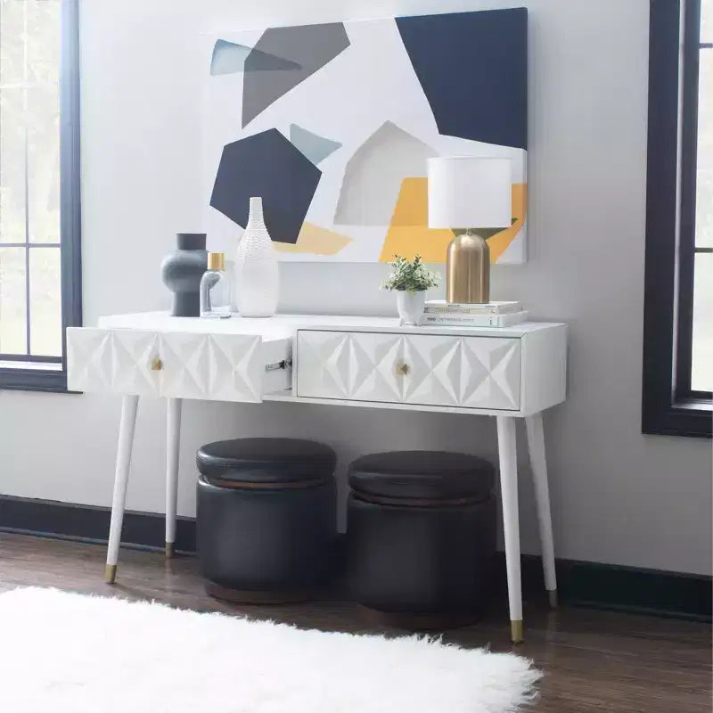 55.5" Geo Glam Console 2 Drawer with Gold Knobs Bright White - Linon: Entryway Narrow Storage, Modern Design
