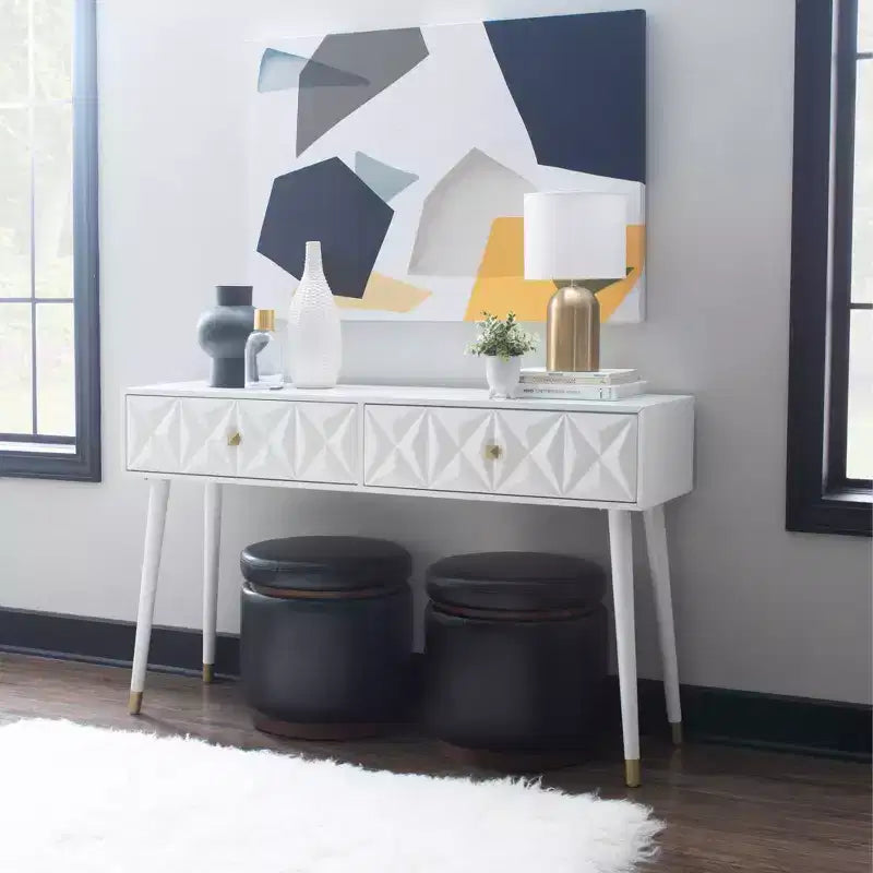 55.5" Geo Glam Console 2 Drawer with Gold Knobs Bright White - Linon: Entryway Narrow Storage, Modern Design