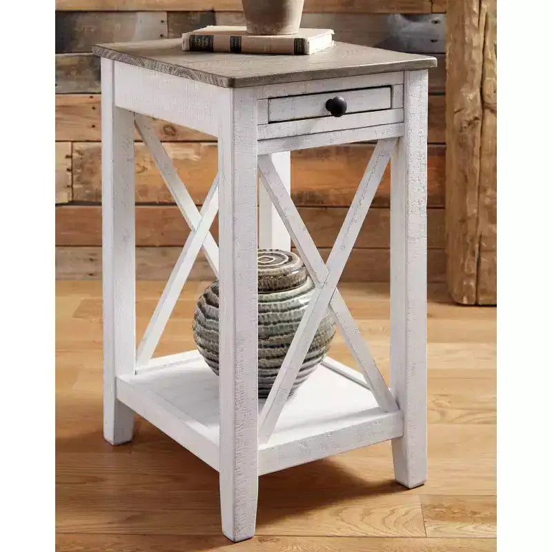 Adalane Side Table White/Gray: Vintage Crossbuck Design, USB Ports, Storage - Signature Design by Ashley