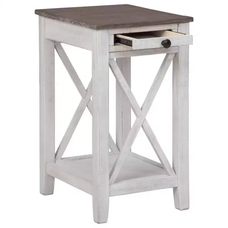 Adalane Side Table White/Gray: Vintage Crossbuck Design, USB Ports, Storage - Signature Design by Ashley