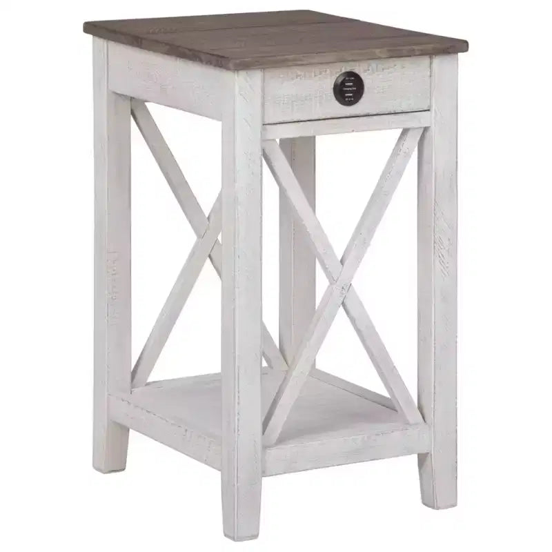 Adalane Side Table White/Gray: Vintage Crossbuck Design, USB Ports, Storage - Signature Design by Ashley