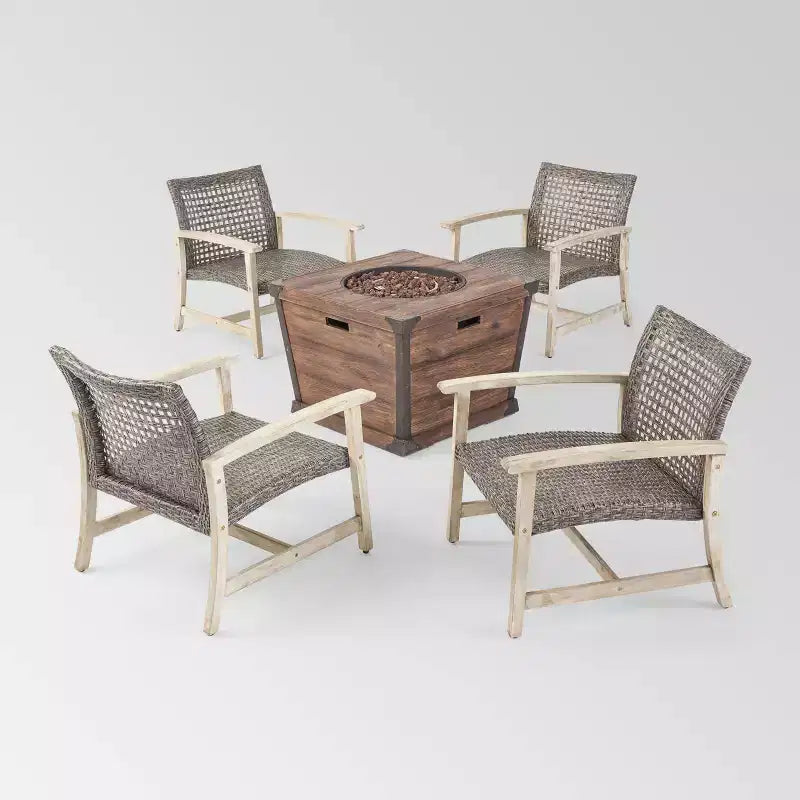 Ensemble de 5 fauteuils de jardin Hampton en bois et osier avec brasero - Christopher Knight Home