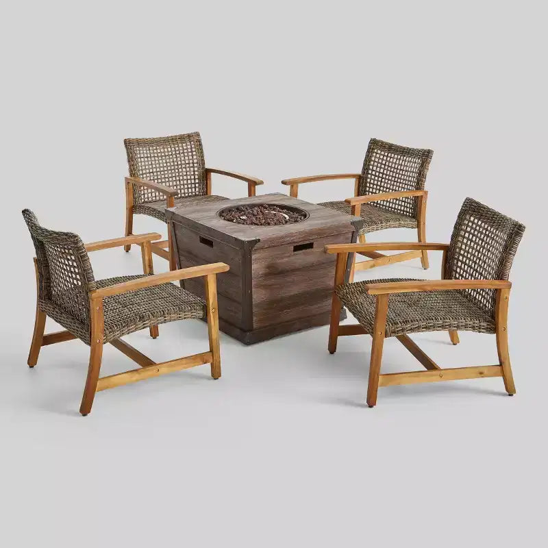 Ensemble de 5 fauteuils de jardin Hampton en bois et osier avec brasero - Christopher Knight Home