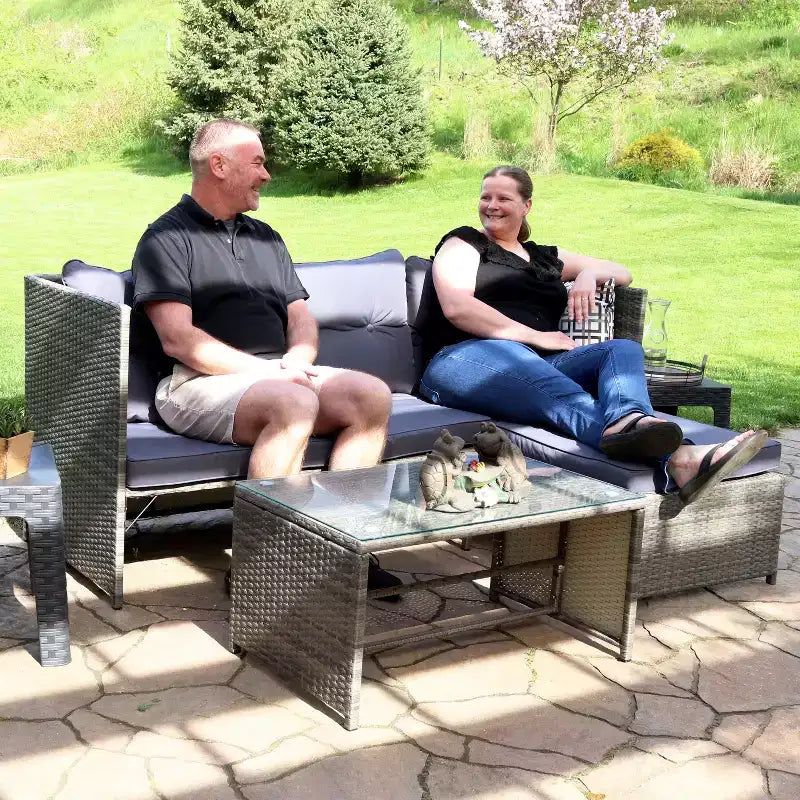 Sunnydaze Outdoor Rattan Longford Patio Conversation Set with Chaise Lounge Sectional Sofa, Seat Cushions, and Coffee Table - Charcoal - 2pc