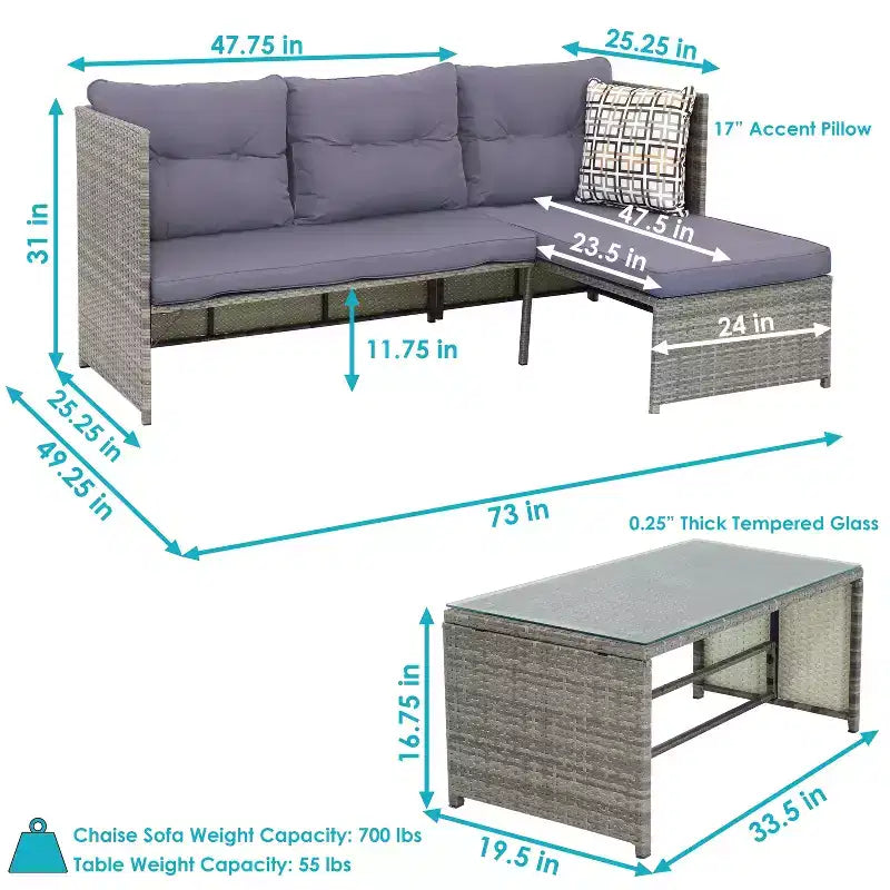 Sunnydaze Outdoor Rattan Longford Patio Conversation Set with Chaise Lounge Sectional Sofa, Seat Cushions, and Coffee Table - Charcoal - 2pc