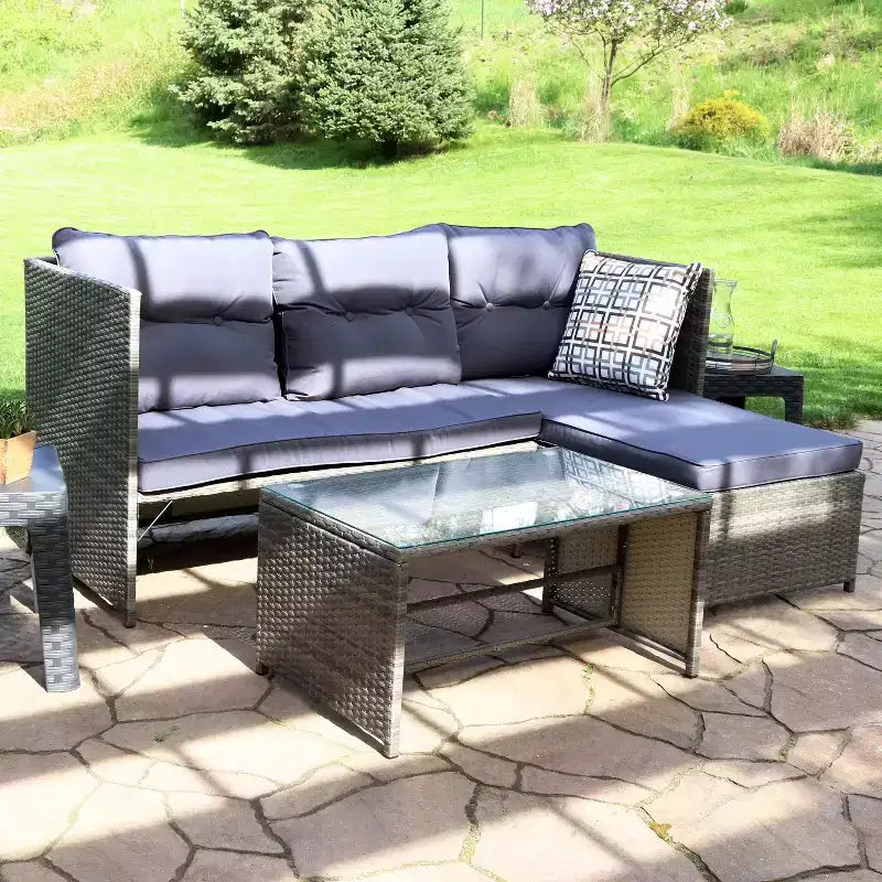 Sunnydaze Outdoor Rattan Longford Patio Conversation Set with Chaise Lounge Sectional Sofa, Seat Cushions, and Coffee Table - Charcoal - 2pc
