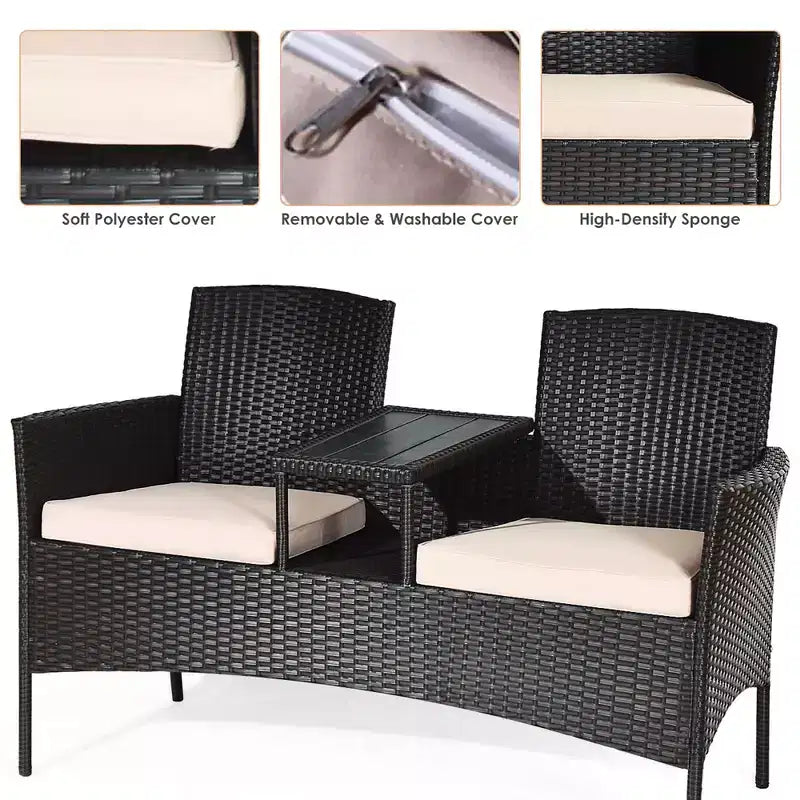 Costway Patented Patio Rattan Conversation Set Loveseat Sofa Cushioned Coffee Table Mix Brown