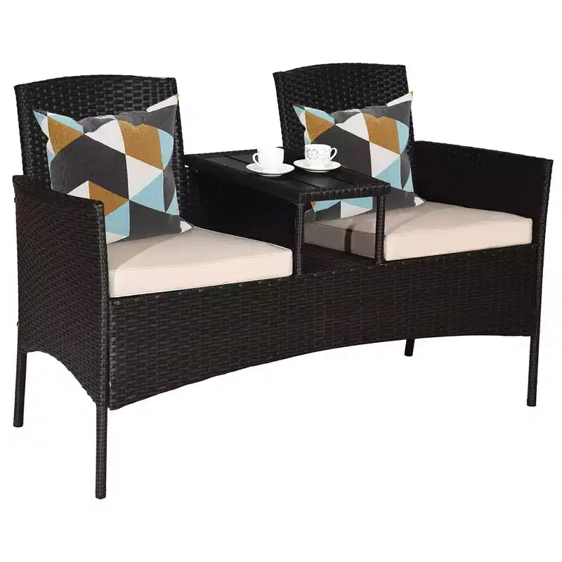 Costway Patented Patio Rattan Conversation Set Loveseat Sofa Cushioned Coffee Table Mix Brown