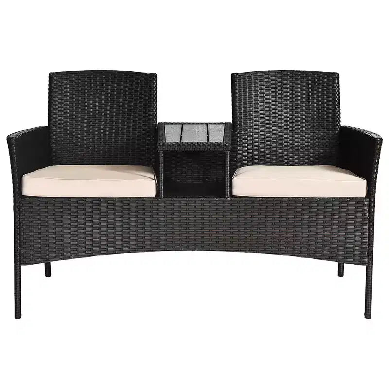 Costway Patented Patio Rattan Conversation Set Loveseat Sofa Cushioned Coffee Table Mix Brown