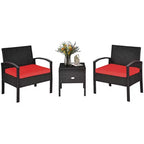 Costway 3PCS Patio Rattan Furniture Set Storage Table Cushioned Sofa Deck Red\Turquoise\White