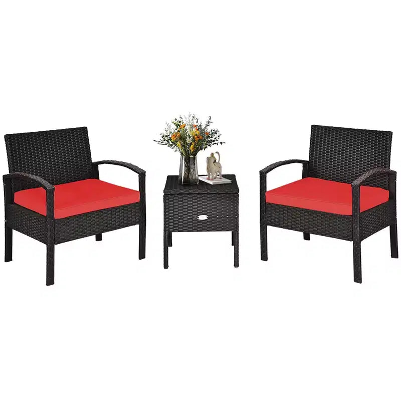 Costway 3PCS Patio Rattan Furniture Set Storage Table Cushioned Sofa Deck Red\Turquoise\White