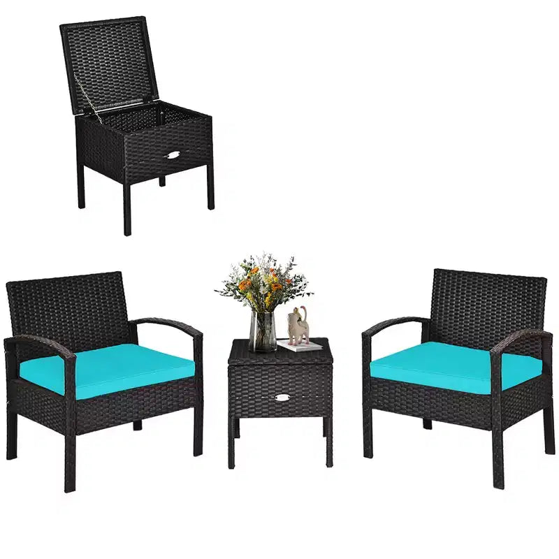 Costway 3PCS Patio Rattan Furniture Set Storage Table Cushioned Sofa Deck Red\Turquoise\White