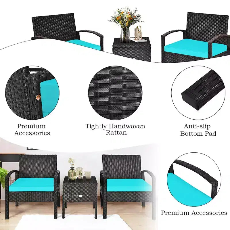 Costway 3PCS Patio Rattan Furniture Set Storage Table Cushioned Sofa Deck Red\Turquoise\White