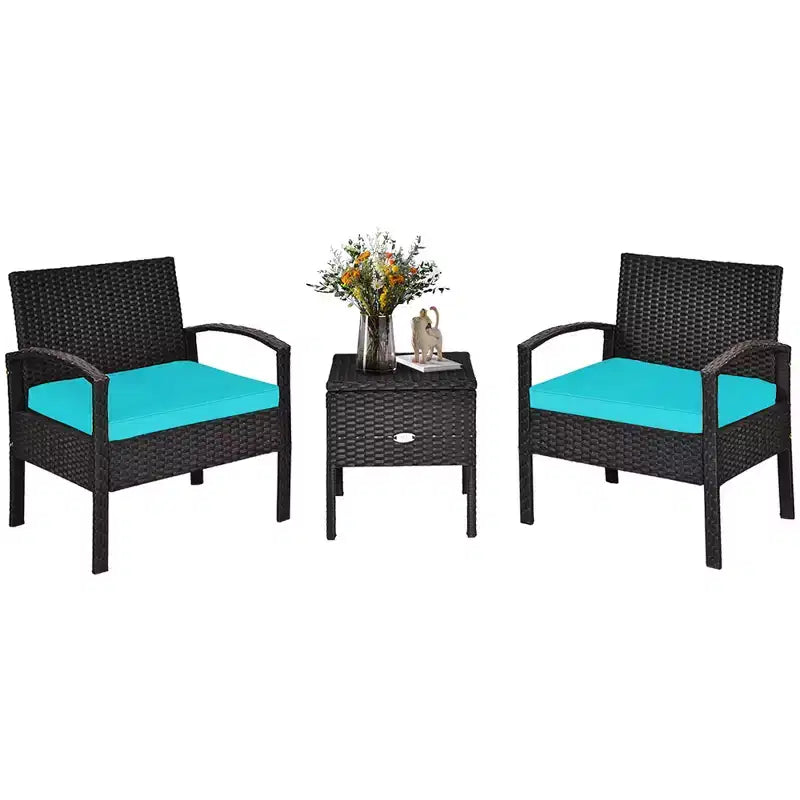 Costway 3PCS Patio Rattan Furniture Set Storage Table Cushioned Sofa Deck Red\Turquoise\White