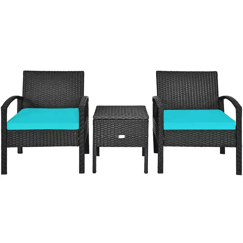 Costway 3PCS Patio Rattan Furniture Set Storage Table Cushioned Sofa Deck Red\Turquoise\White