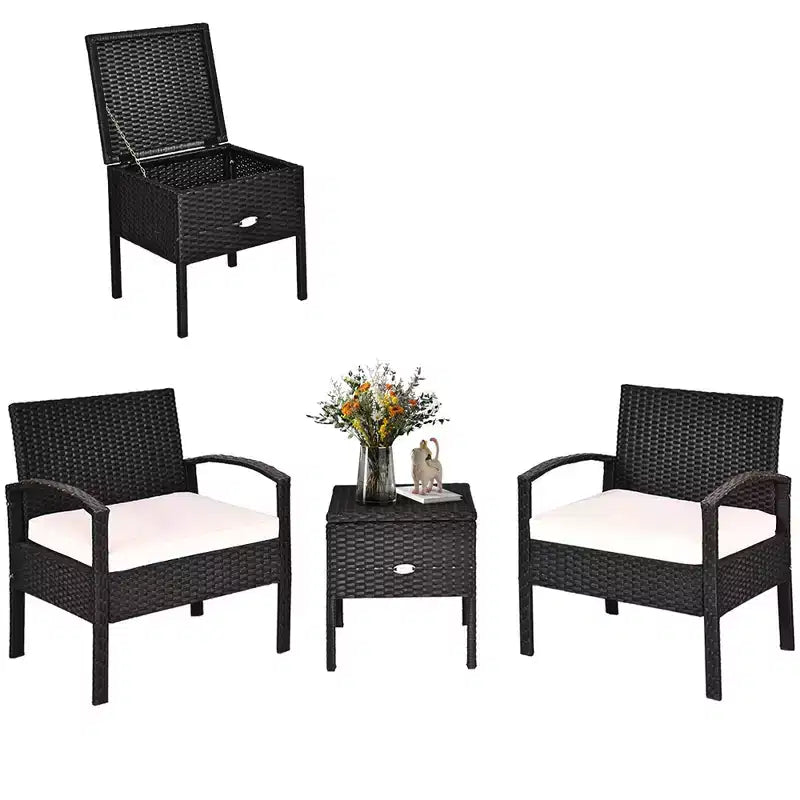 Costway 3PCS Patio Rattan Furniture Set Storage Table Cushioned Sofa Deck Red\Turquoise\White