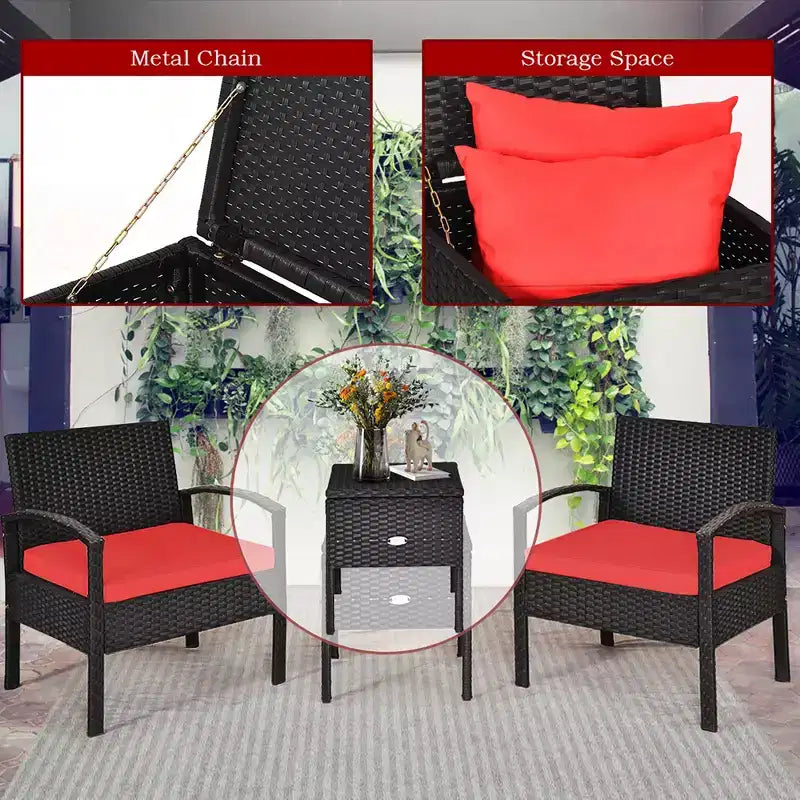 Costway 3PCS Patio Rattan Furniture Set Storage Table Cushioned Sofa Deck Red\Turquoise\White