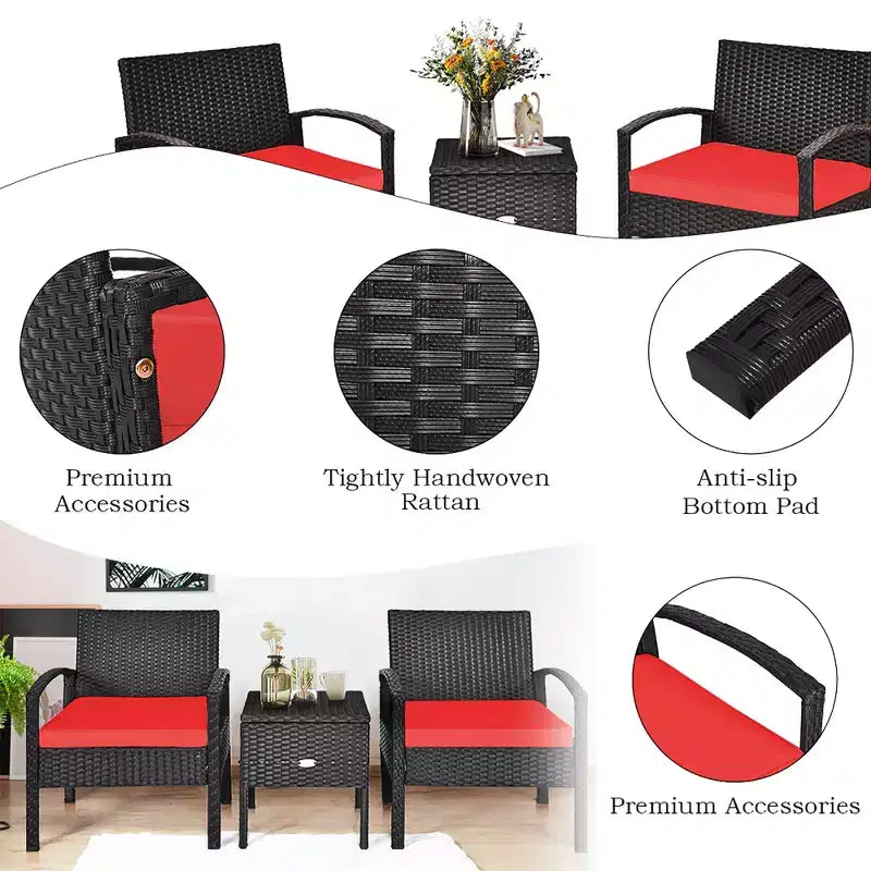 Costway 3PCS Patio Rattan Furniture Set Storage Table Cushioned Sofa Deck Red\Turquoise\White