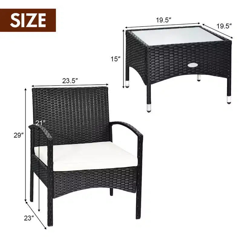 Costway 3 PCS Furniture Set Table & 2 Chair Patio Wicker Rattan W/Cushion