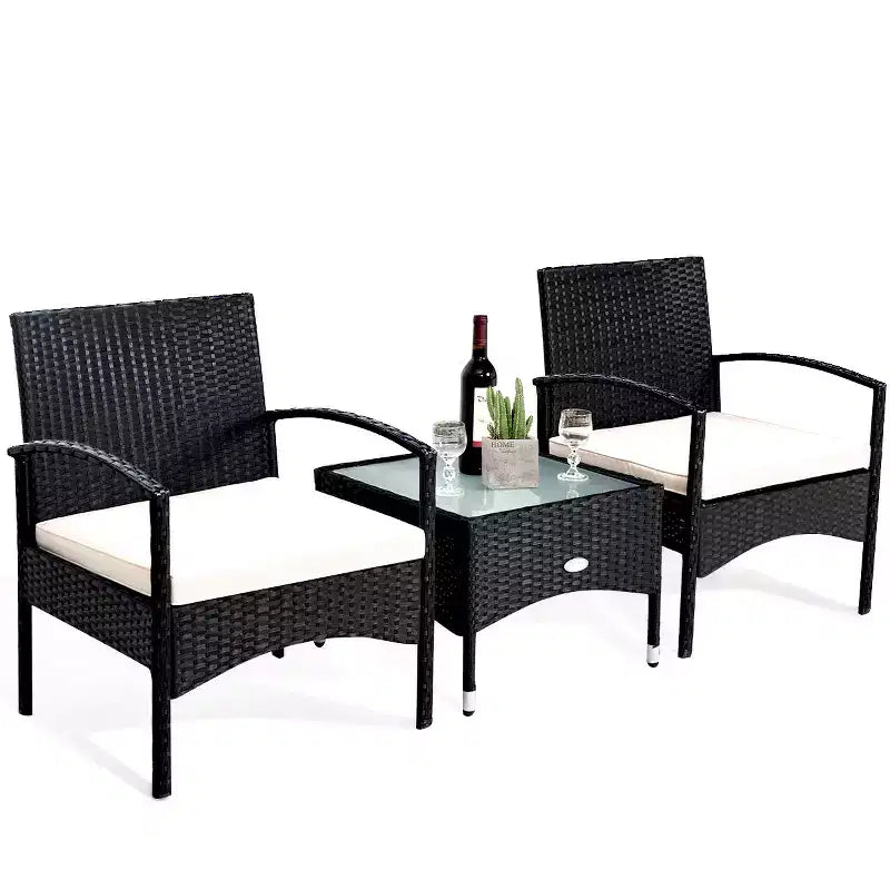 Costway 3 PCS Furniture Set Table & 2 Chair Patio Wicker Rattan W/Cushion