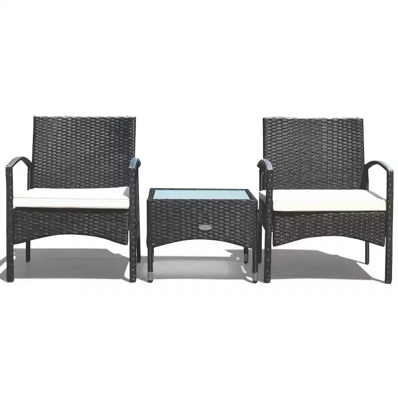 Costway 3 PCS Furniture Set Table & 2 Chair Patio Wicker Rattan W/Cushion