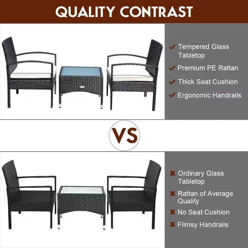 Costway 3 PCS Furniture Set Table & 2 Chair Patio Wicker Rattan W/Cushion