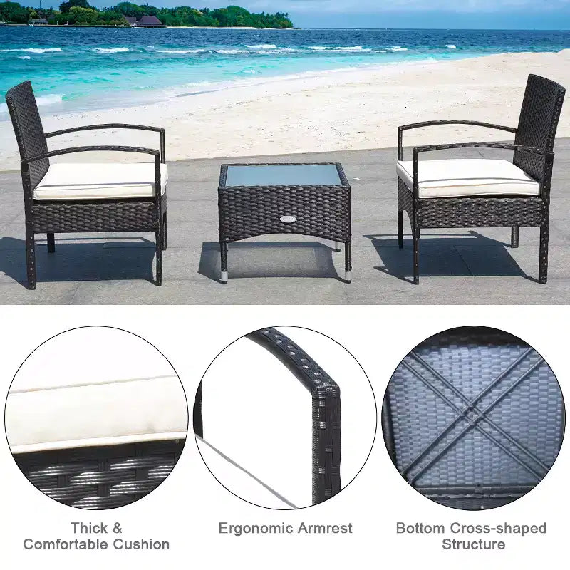 Costway 3 PCS Furniture Set Table & 2 Chair Patio Wicker Rattan W/Cushion