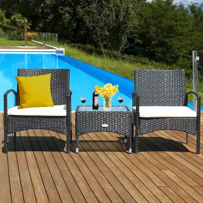 Costway 3 PCS Furniture Set Table & 2 Chair Patio Wicker Rattan W/Cushion