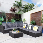 Costway Salon de Jardin en Résine Tressée 7 Pièces Beige/Bleu Marine/Gris