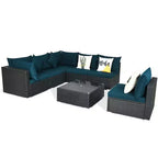 Costway Salon de Jardin en Résine Tressée 7 Pièces Beige/Bleu Marine/Gris